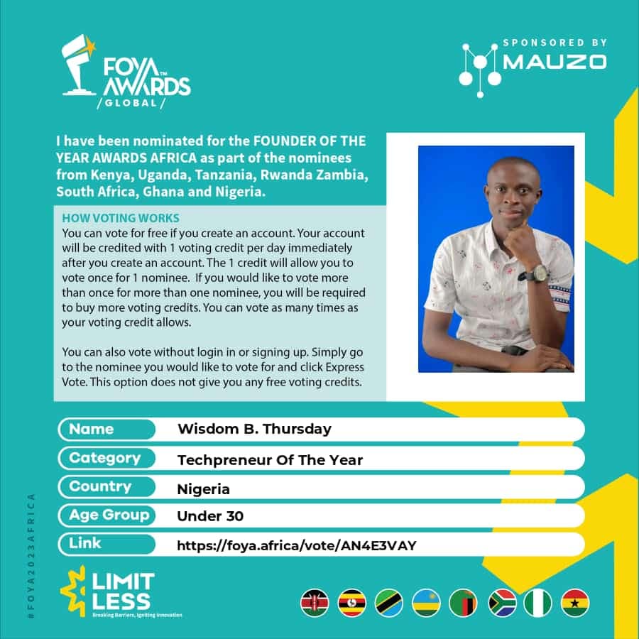 brand storytelling coach in Nigeria -Wisdom B. Thursday is a nominee for African Techpreneur of the Year Ward for Under 30 division.